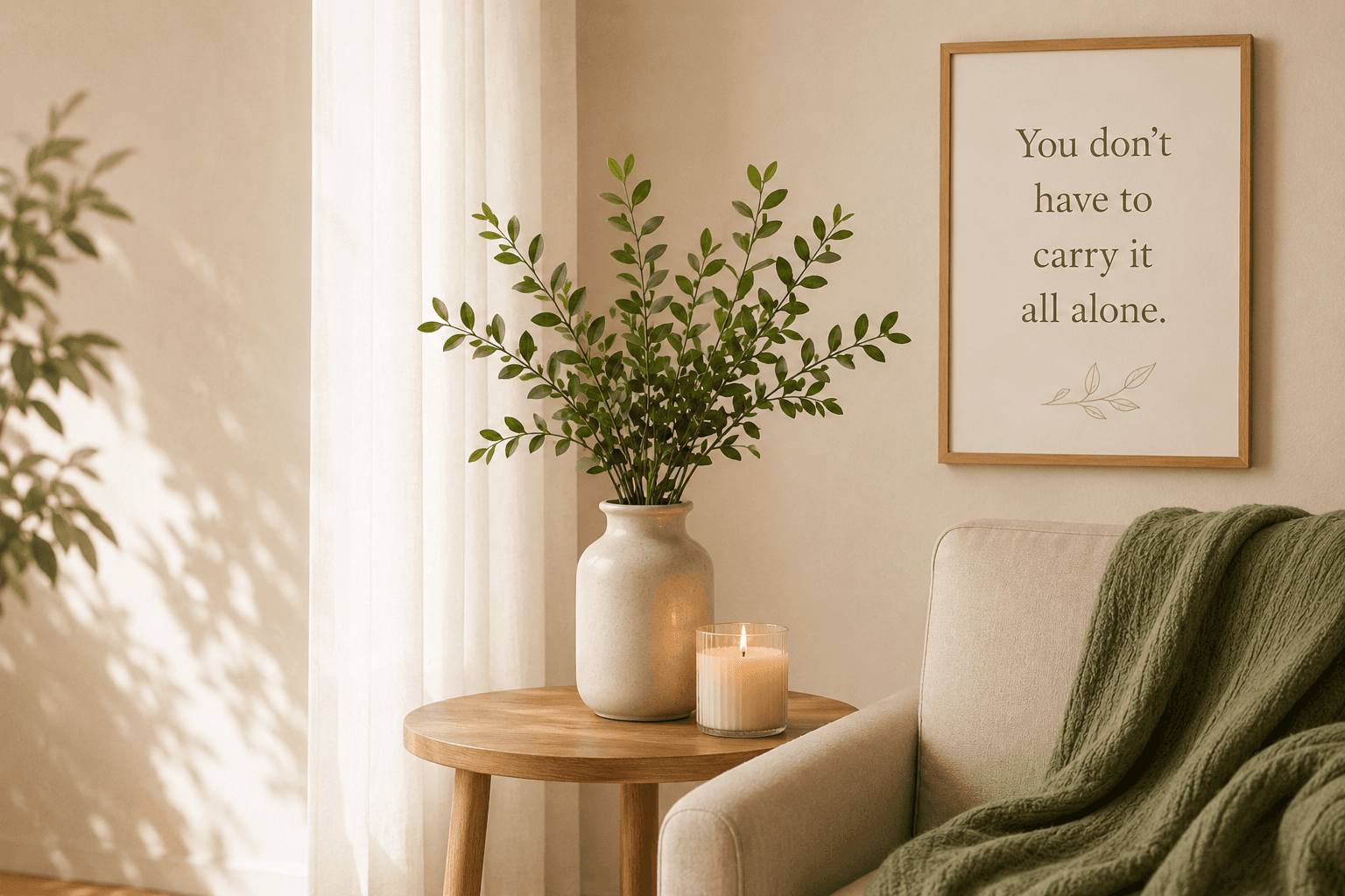 Calming therapy space with plant and inspirational framed print