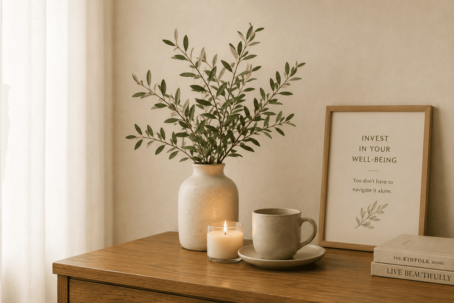 Therapy space with candles and cups
