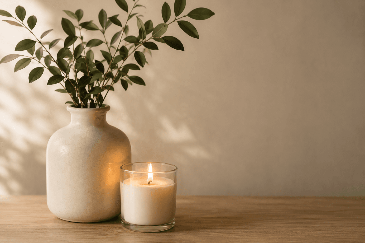 Vase and burning candle on wooden surface